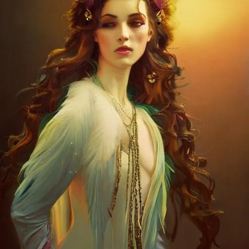 Prompt: ombre velvet gown, beautiful elegant dryad, beautiful face with soft features by leyendecker, long hair, feathers, dozens of jeweled necklaces, by greg rutkowski, brom, anato finnstark, alphonse mucha, oil painting, highly detailed, cinematic lighting, unreal,