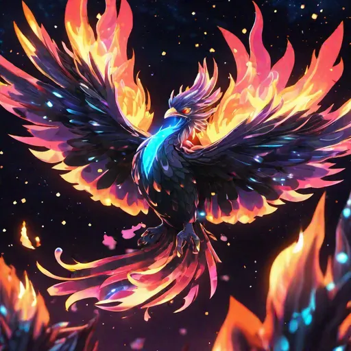 Prompt: Headshot of A crystal-clear glass 
black bioluminescent flaming phoenix that is glowing, kawaii, nebula fireballs and lava, beneath the stars, sunset, highres, best quality, concept art, 8k