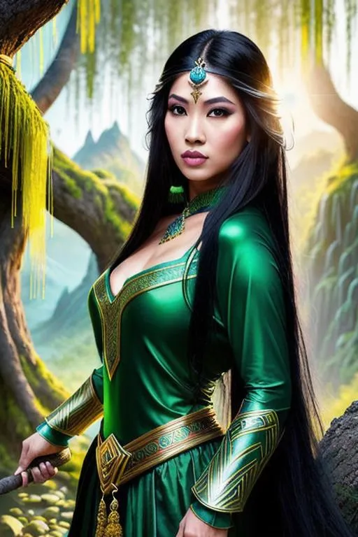 Prompt: Asian Sorceress artwork by Jonathon Earl Browser, detailed Face, dynamic lighting,  beautiful, colorful, landscape, hyperdetailed, Weeping willows, forest, earth art, beautiful, detailed, colorful,  fantasy, matte background, #bright green eyes,  #long black hair, #perfect lips, #strong features, #square jaw, High cheekbones, sharp features,  #brown clothing, #Hooded cloak, #hourglass figure, concept art, detailed painting, intricate, elegant, highly detailed, oil painting, #large chest, artstation, concept art, smooth, sharp focus, illustration, art by artgerm and greg rutkowski and alphonse mucha and william - adolphe bouguereau , artstation, concept art, smooth, sharp focus, illustration, art by artgerm and greg rutkowski and alphonse mucha and william - adolphe bouguereau, UHD, reflections, octane render, 8k, high quality photo realistic, hyper realism, Very detailed, zoomed out view of character, full body of character, 