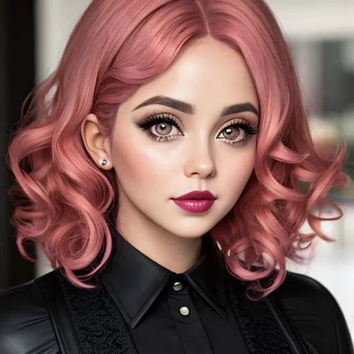 Prompt: woman with big  eyes and carmine lips, curly pink hair,dark pink lips, pink cheeks