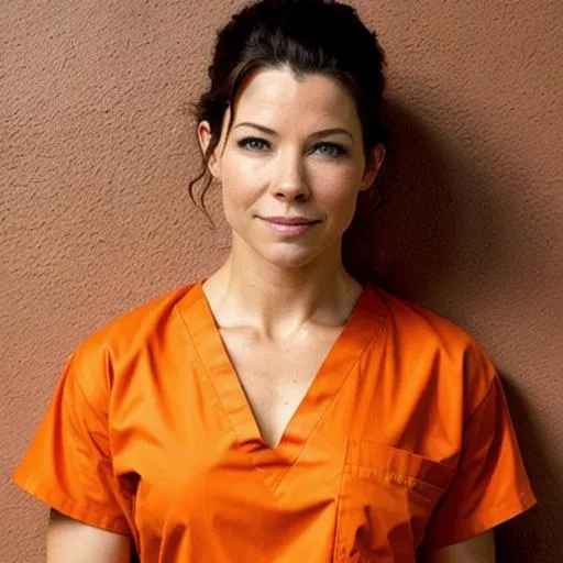 Prompt: Evangeline lilly in prison wearing orange scrubs prison uniform