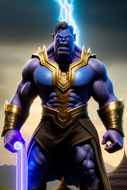 Prompt: {{{{highest quality concept art masterpiece}}}} {{{{highest quality concept art masterpiece}}}} Brave ancient worrier, Thanos from Marvel wearing Burmese worrier suit, superpower, Burmese guy, full-frame whole body shot Myanmar, Burmese temple in the background, hyperrealistic intricate 128k UHD HDR, epic fantasy, Hyper-realistic on the face, detailed face texture, perfect anatomy in perfect composition approaching perfection, perfect full body shot, cinematic volumetric dramatic dramatic studio 3d glamour lighting, backlit backlight, professional long-shot photography, unreal engine octane render trending on Artstation.
