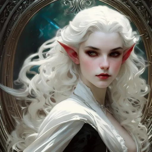 Prompt: Splash art portrait of vampire, elf, androgynous, white haired man with short wavy white hair, victorian dark clothes, elegant, highly detailed, intricate, smooth, sharp focus, artstation, digital painting, concept art, art by greg rutkowski, alphonse mucha and John William Waterhouse