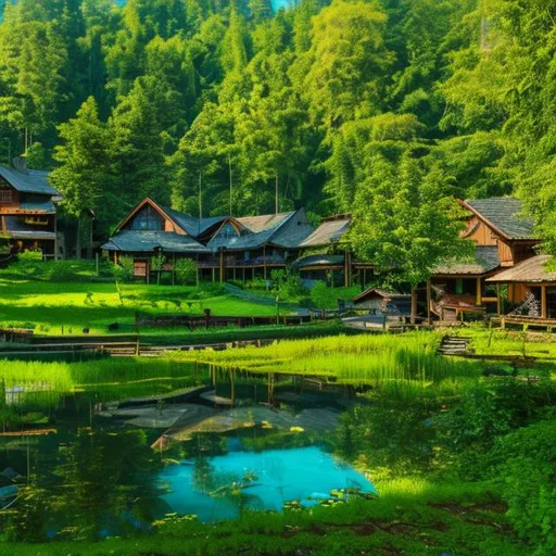 Prompt: Big dark wood village with pond and trail in a lush green forest with beautiful trees, nice daylight, nice weather light blue sky waves high resolution 4k