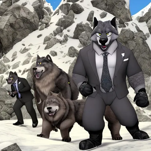 Prompt: Linnux the big buff anthro wolf is  wearing black business suit, and a group of wolfpacks are wearing business suit uniform are invaded at Snow mountain against Khampa mastiff, on "Rock dog style"