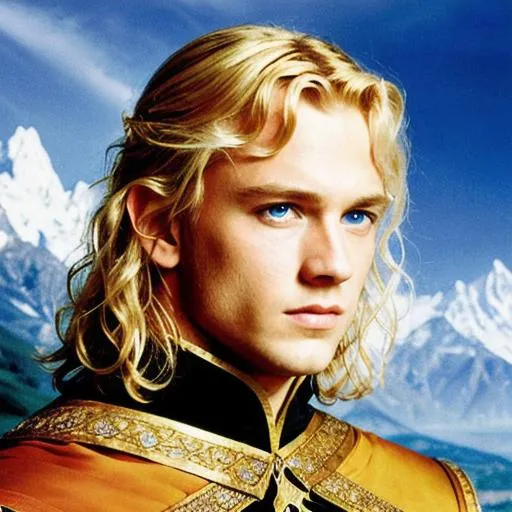 Prompt: A king from the lord of the rings series with blond hair and blue eyes