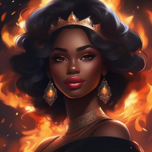 Prompt: and beautiful pretty art 4k full HD fire princess as dark skin brown skin big lips full lips mad face smug smile 