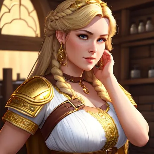 Prompt: ((Hyper-realistic shot)), ((extremely detailed:1.5)), ((8K resolution)), ((tavern keeper)) Perfect face and body. ((blonge woman in white and gold dress: 1.3)) adorned with buckled belts, ((gold details in dress)) with mold, gold coins and in a dnd port

