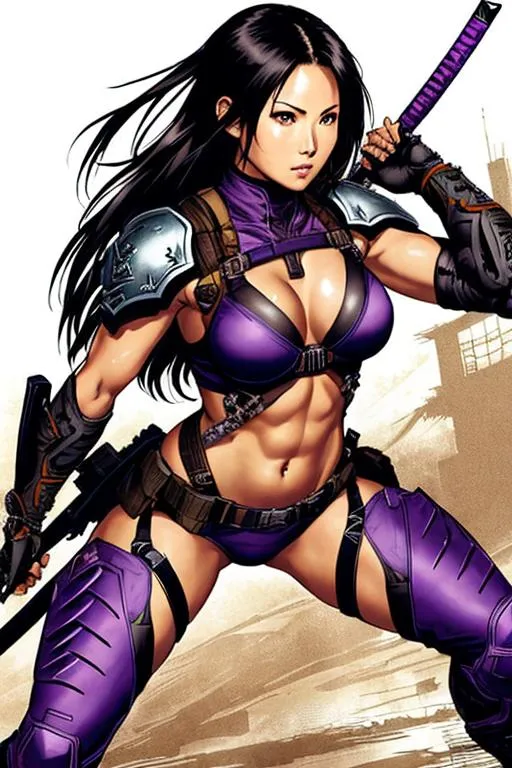 Prompt: Ninja Gaiden Art (((Yoji Shinkawa))), sticker of ultra detailed portrait of Olivia Munn in detailed purple heavy ninja tactical armor, high quality cell shaded illustration in post apocalyptic style by Yoji Shinkawa, ((full body)), dynamic pose, perfect anatomy, centered, freedom, soul, black long hair,tan skin approach to perfection, cell shading, 4k , cinematic dramatic atmosphere, watercolor painting, global illumination, detailed and intricate environment, artstation, concept art, fluid and sharp focus, volumetric lighting, cinematic lighting, Art by Ilya Kuvshinov
