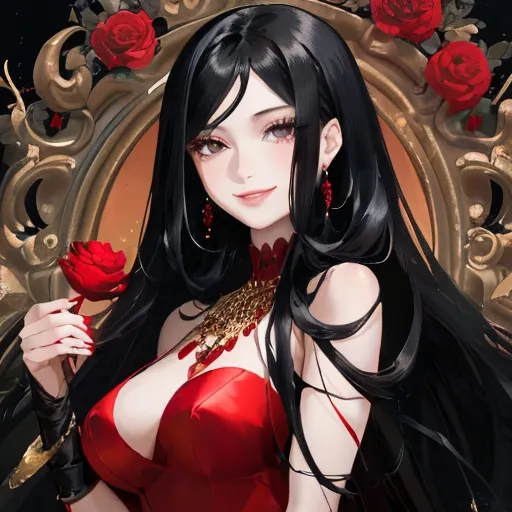 Prompt: Beautiful, kind, and smiling woman with long black hair and black eyes wearing a beautiful red dress and golden accessories.
