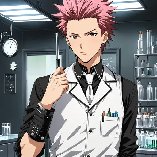 Prompt: Handsome man. Anime. Blushing all over. Punk. Sub. Mad scientist 