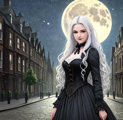 Prompt: Oil painting, landscape, UHD, 8K, highly detailed, panned out view of the character, visible full body, Victorian Street of London setting, night off the full moon, ethereal, unnatural grey-skinned vampire girl, beautiful detailed face, discrete smile, white hair with precious gems, . She is a pure blood Direct descendant from Count Dracula and her name is Mina Harker. She wears a Victorian man suits, and long pants with gold trim. (She's walking through the night under the full moon on the Victorian streets of London ). 