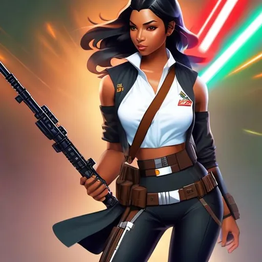 Prompt: Dynamic pose, Whole body, Full figure. black hair, dark skin, green eyes, bikini uniform, carrying a double barrel shotgun, lots of details. Star wars art. rpg art. 2d. 2d art.