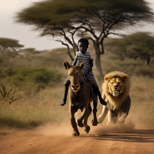 Prompt: An African youngest boy on a horse chased by the lion in the forest