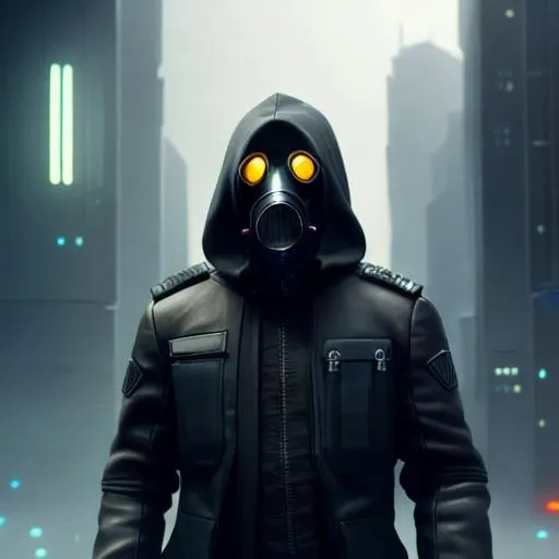Prompt: Male agent with a gas mask, black and grey cyberpunk outfit with a hood, masterpiece painting with detailed face, full body 4k, trending on artstation, octane render, art by artgerm and greg rutkowski and alphonse mucha and craig mullins and James Jean and Andrei Riabovitchev and Marc Simonetti and peter mohrbacher 