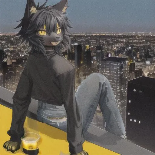 Prompt: A Bipedal Furry Black Cat  With Yellow Eyes Waring A Black Hoody And Blue Jeans Siting On The Edge Of A City Rooftop With A Beer