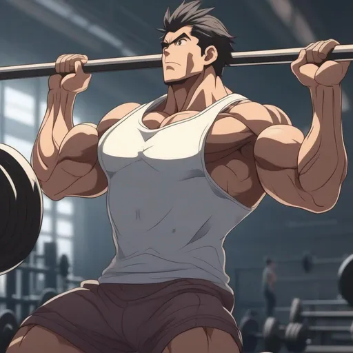 Prompt: picture of a muscular anime character  lifting weights, highly detailed, hd, hayao miyazaki, perfect body, perfect arms, perfect picture