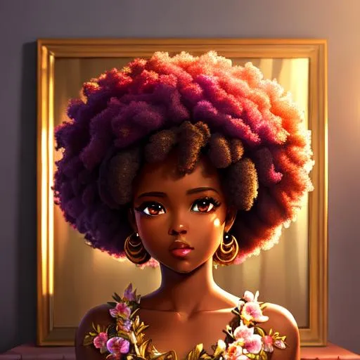 Prompt: thick acrylic illustration, gorgeous anime brown skin girl, Afro hair, oil painting, extreme iridescent reflection, flower decorations, chiaroscuro, holy cinematic rim lighting, rococo art –ar 2:3