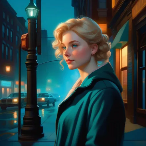 Prompt: Third person, gameplay, American girl, pale skin, freckles, curly blonde hair, teal eyes, 2020s, smartphone, streets of Pittsburgh at night, fog, blue atmosphere, cartoony style, extremely detailed painting by Greg Rutkowski and by Henry Justice Ford and by Steve Henderson 

