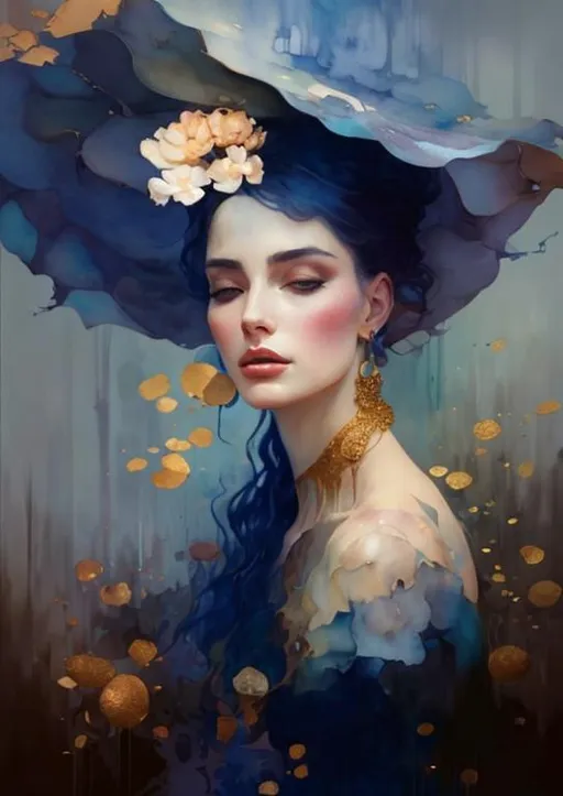 Prompt: Lovely woman Art style by Monet, Conrad roset, Klimt, Erik Johansson, Michael hussar. Water Color, Pencil Sketch, Muted Colours, crispy, golden ratio, High quality, highly detailed, intricate details. beautiful, high definition, wet on wet watercolor, volumetric lighting