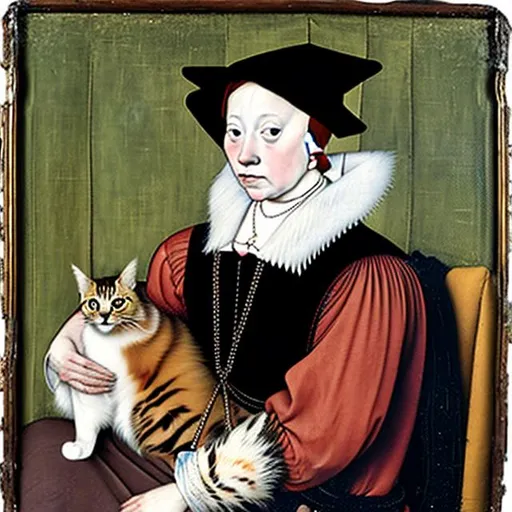 Prompt: Young lady with a cat on her lap, early 16th century, oil on canvas, in the style of Holbein