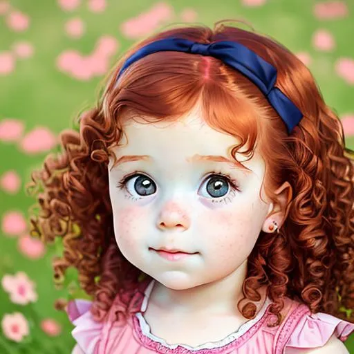 Prompt: portrait of an adorably cute female child with curly auburn hair, wearing pink