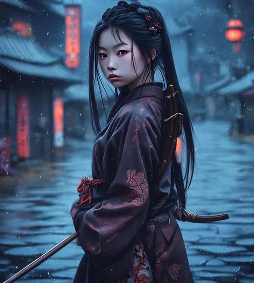 Prompt: samurai girl, steanpunk style, hyperrealistic, dark colors, rainy scenery