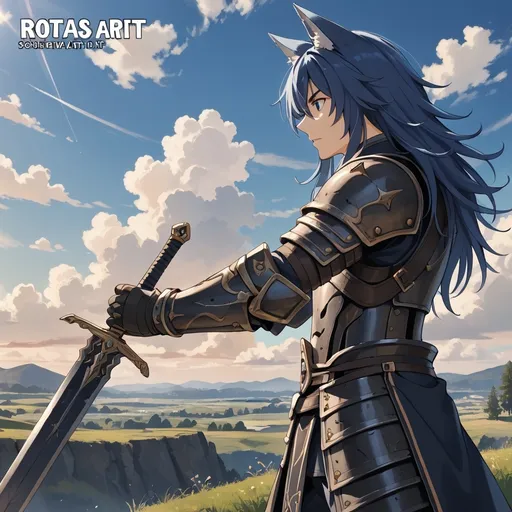 Prompt: a male anime character with blue hair, wolf ears and a sword in his hand, black warrior armor, side view, with a sky background and clouds in the background, Ay-O, sots art, official art