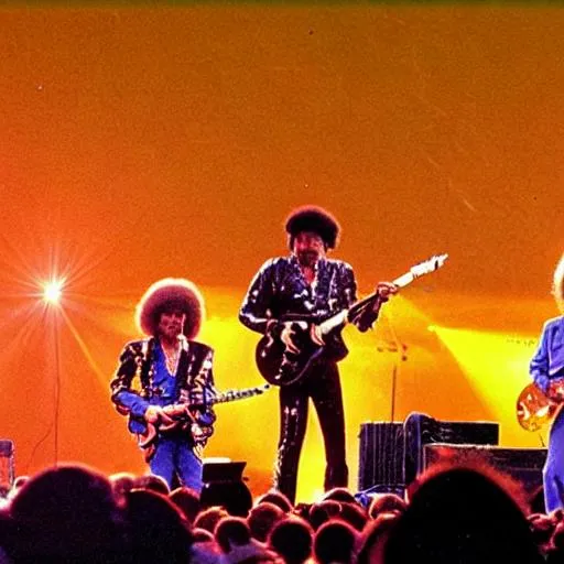 Prompt: The Jimi Hendrix Experience playing a concert on a giant stage, in front of an enormous crowd, on the surface of Mars in the daytime, from the perspective of being 40 feet from the front center of the stage. The sun in the sky behind the stage. Vivid realism. All 3 band members