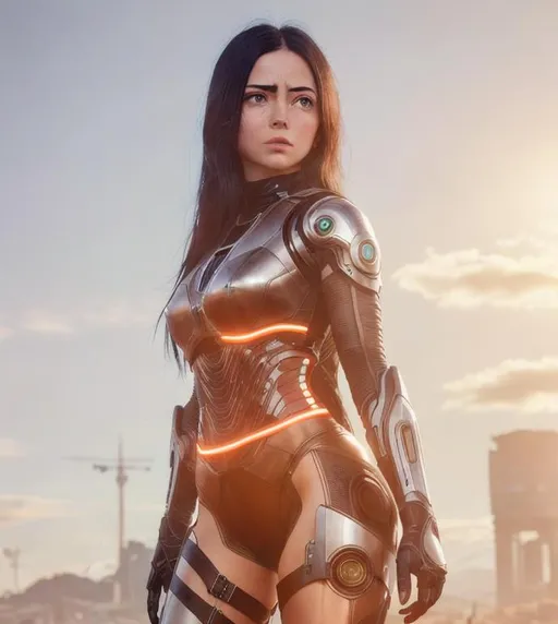 Prompt: alita, full body,brow eyes ,perfect composition, render trending on artstation, 8 k artistic photography, photorealistic concept art,natural volumetric cinematic perfect light, robotic ,black hair, Digital illustration, gorgeous ,perfect composition, render trending on artstation, 8 k artistic photography, photorealistic concept art, natural volumetric cinematic perfect light,cyborg