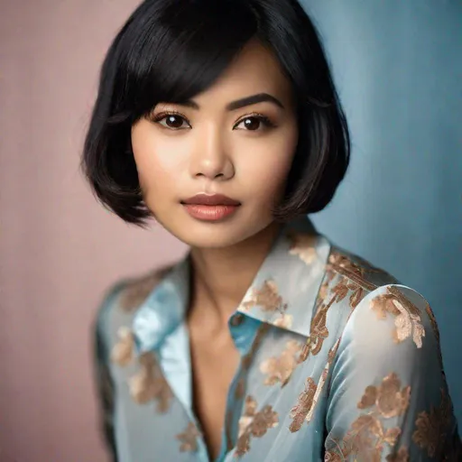 Prompt: portrait photograph, pretty young Indonesian woman, 25 year old, (round face, high cheekbones, almond-shaped brown eyes, epicanthic fold, black hair pixie cut with bangs, small delicate nose, slightly flattened nose bridge, wide nasal base, full luscious lips, light tan skin), egg-blue silk shirt, bokeh, studio lighting, canon lens, shot on dslr, 64 megapixels, sharp focus