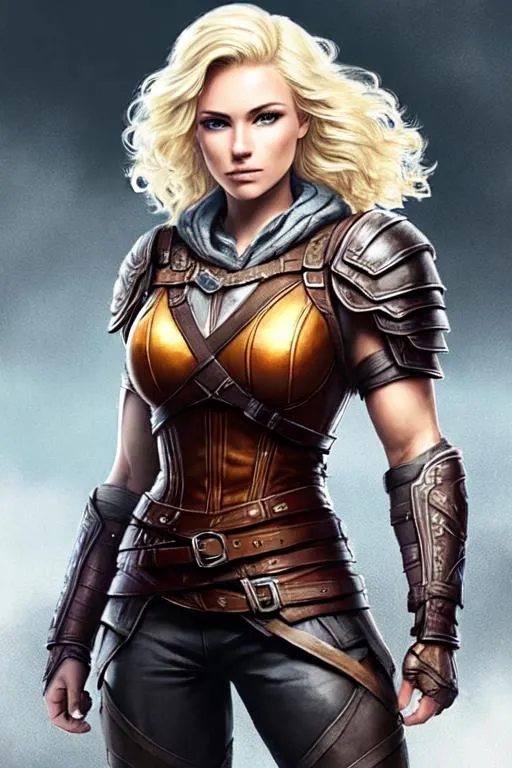 Prompt: digital art, 27-year-old Young woman viking, blonde hair, Quite well-built and lean muscled, assassin's creed Valhalla armor, orange armor, black pants, orange gear, Green-gold eyes, short blonde hair with streaks of blonde Curly. misty and/or rainy weather, hair Bordering between blond and dirty blond, full body, full armor, unreal engine 8k octane, 3d lighting