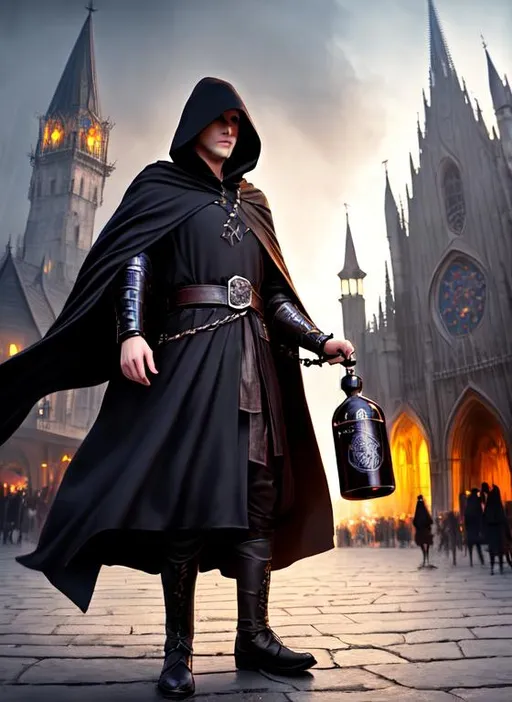 Prompt: Hooded man in a cloak holding poison, epic, dark fantasy, pose, 8k, HD, fur armor, full body, vibrant, high detail, cinematic, aesthetic, ethereal, smokey background, night, dark, crowded medieval city, city, shadows, market place, high quality, gritty, perfect face, high quality face, people, ethereal, market plaza,