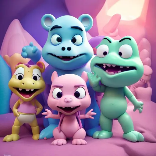 Prompt: High-quality Barney and friends, singing, soft smooth lighting, soft pastel colors, skottie young, 3d blender render, polycount, modular constructivisim, pop surrealism, physically based rendering, square image