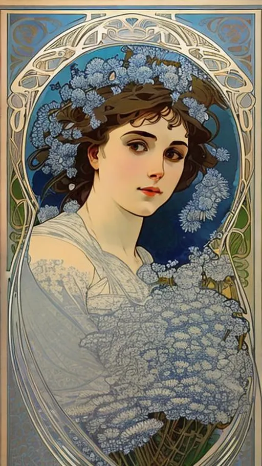 Prompt: portrait of a beautiful woman with blue asters, intricate, sharp focus, in the style of Alphonse Mucha