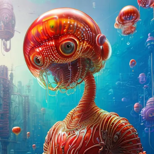 Prompt: Digital painting, 3d, photomontage. a red jelly-shaped creature translucent with a head and arms, retrofuturism. On Cyberpunk Pop art background. John Kenn Mortensen. Guy Denning. Giger. Mobius. Enki Bilal. Artgerm. Dmitriy Leonovich. Artstation. Fantastic. Super Detailed. 