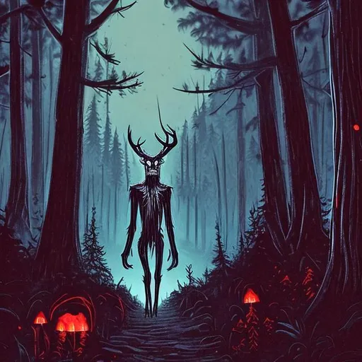 Prompt: A Wendigo walking through a dark forest in North America. There are tall pine trees and many red and white mushrooms. The moon is full and luminous. 