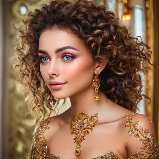 Prompt: Ultra natural beautiful female with golden brown curly hair green eyes flawless skin with beauty spot on her left cheek wearing diamond jewelry wearing a beautiful round neck golden silver gown full of embellishments
