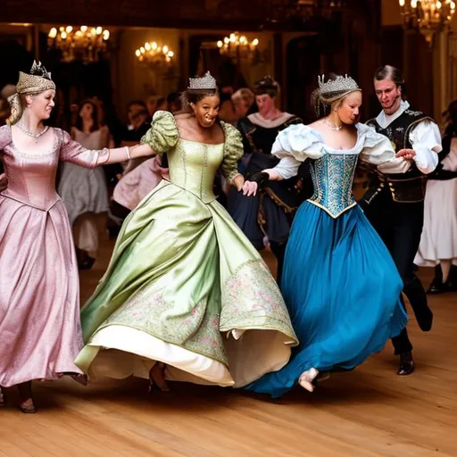 Prompt: A princess and courtiers doing the Electric Slide