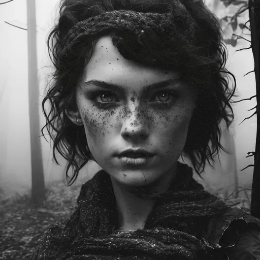 Prompt: Dark short messy hair dark eyes white European girl freckles underbite farmer in foggy forest