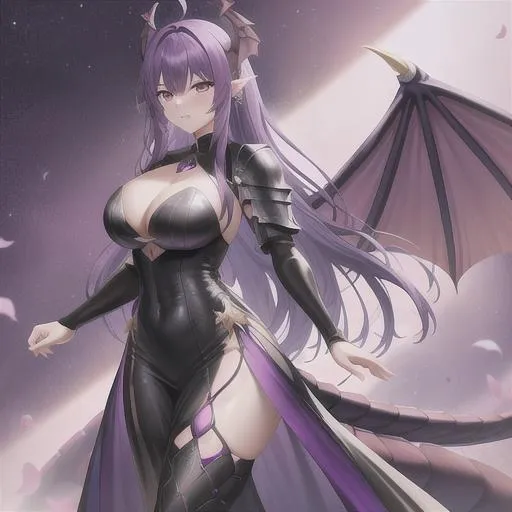 Prompt: Purple and black, dragon knight, wings, large dragon tail, armor, woman, long dress, scales