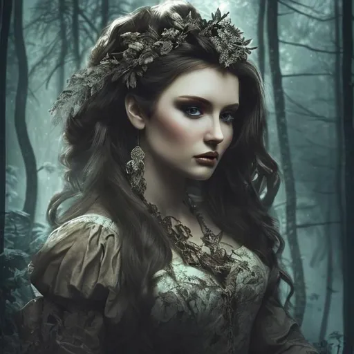 Prompt: A beautiful lady in a dark forest
