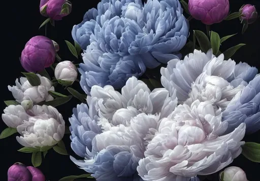 Prompt: Portrait of macro peonies with white and soft blue petals and with black background, perfect composition, hyperrealistic, super detailed, 8k, high quality, trending art, trending on artstation, sharp focus, studio photo, intricate details, highly detailed,