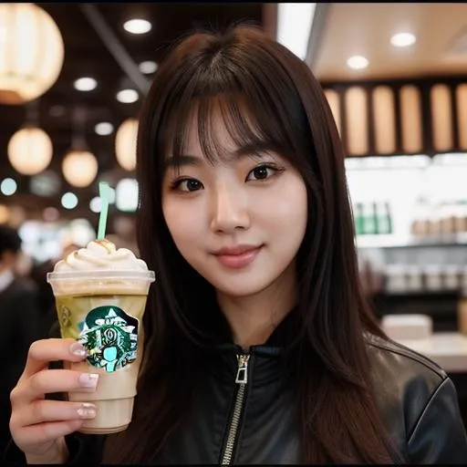 Prompt: Realistic photo, HD, Korean Instagram, cute woman, Seoul, Starbucks, latte, caramel, frappucinno, aesthetic, age=21, beautiful, attractive, silly, fun