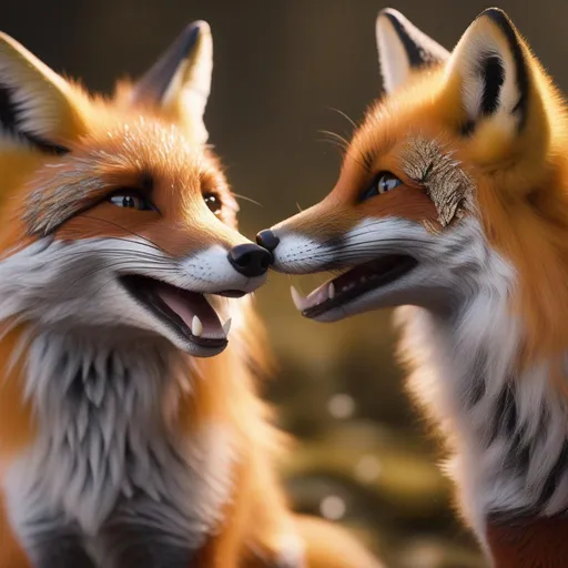 Prompt: foxes chatting, 4k, 8k, UHD, highly detailed, intricate detail, vibrant, studio lighting, 70mm ef, mouth open, open mouth, sharp focus, fluffy fur, full body focus, hyper realistic, 8k eyes, highly detailed face, highly detailed eyes