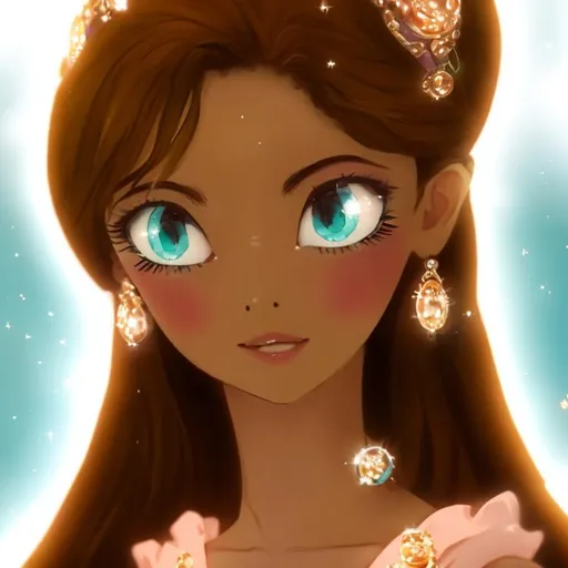 Prompt: Anime, Princess, Teal eyes, Apricot Ballgown, diamond earrings, brown skin, HD, 4k, High Quality, Effects.