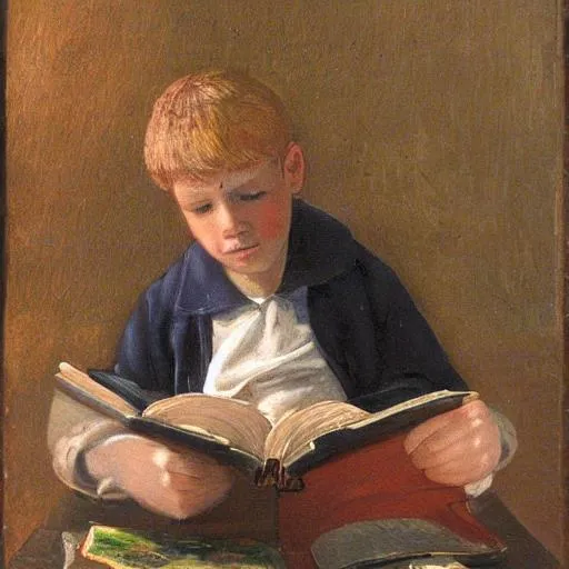 Prompt: A studious boy reading 