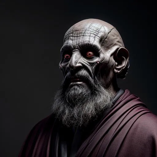 Prompt: hyperrealistic mixed media painting of a shriveled lich-like cultist, wrinkled skin on face, skin stretched thin, no nose, Akatsuki, orthodox priest robes with eye motif, d&d, stunning 3d render + dim volumetric lighting, 8k octane beautifully detailed render, post-processing, extremely hyperdetailed, intricate, spooky composition, grim and powerful atmosphere, cinematic lighting + masterpiece, trending on artstation, very very detailed, masterpiece, horrifying