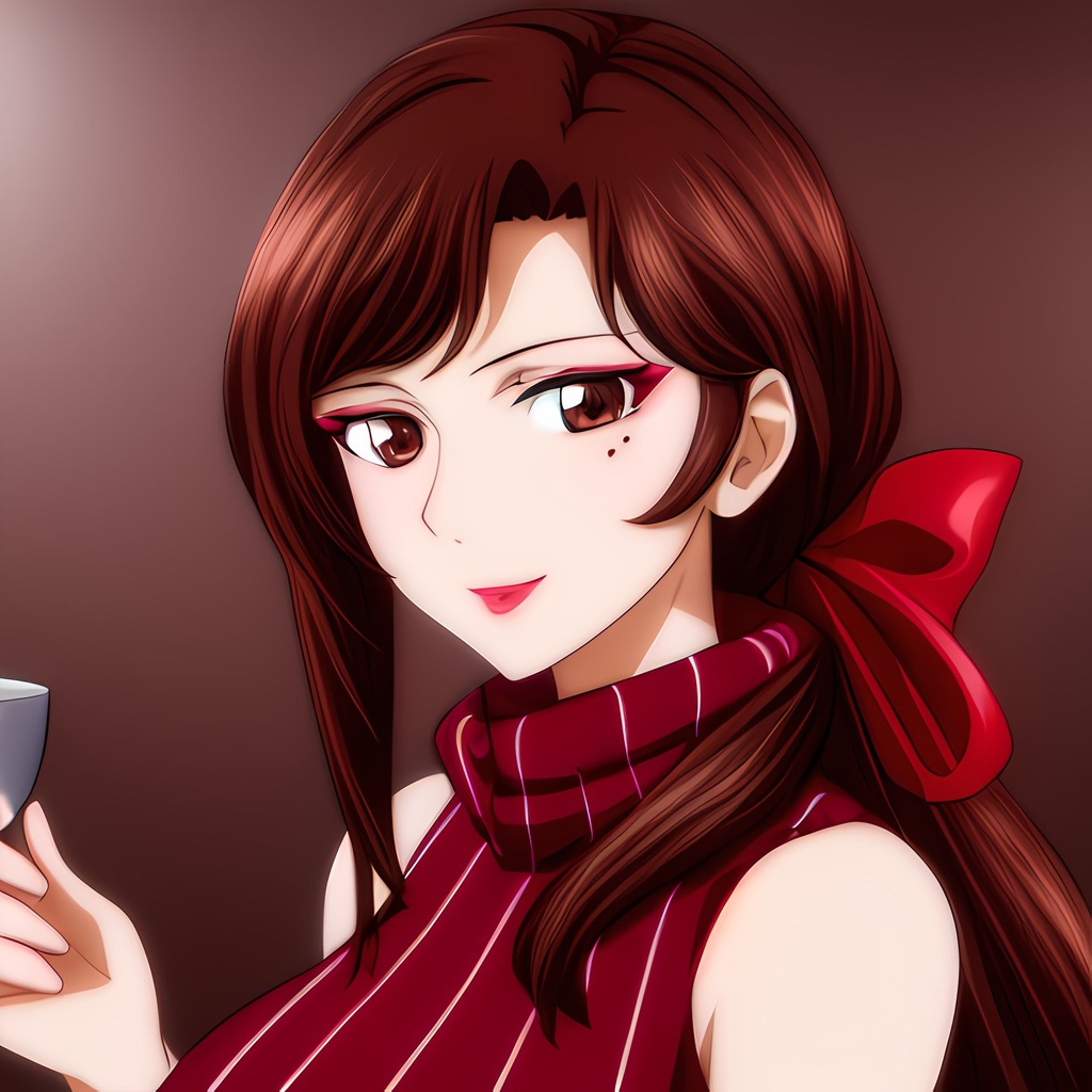 Prompt: ((best quality)), ((illustration)), ((masterpiece)), unreal engine, 3D, artstation, high quality, highres, absurdres, 1girl, solo, red around eyes, light smile, lips, bare shoulders, turtleneck, red pullover, defined face, shaded face, long hair, brown hair, wavy hair, low ponytail, red ribbon, blush, makeup, brown hair, brown eyes, mole, mole under eye, lipstick, looking at viewer, short hair, eyeshadow, <lora:TangYue:1>, upper body, portrait, sleeveless, full body, holding cup, cafe, coffee mug