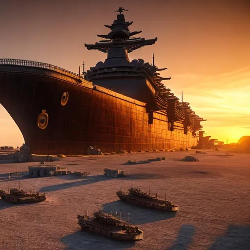 Prompt: a giant port in the desert with a gigantic battleship, hyper-realistic imagery, highly detailed, sunrise, 8K